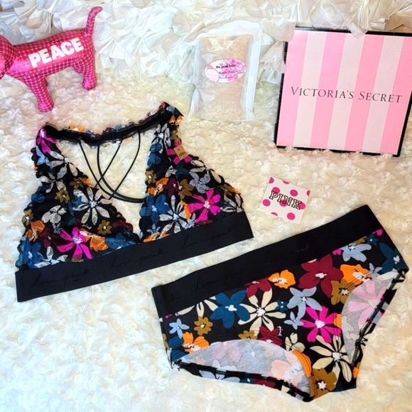 NWT 2PC PINK VICTORIA SECRET LACE HALTER BRA BOY SHORTS WILDFLOWER SET SMALL S - Picture 2 of 10